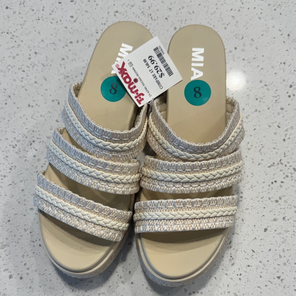 MIA Cream Braided Triple-Strap Slide Sandals